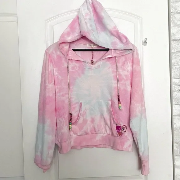 Loveshackfancy Kirby Hoodie in Cherry Fizz cropped terry beaded pink tie dye - Picture 3 of 8